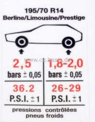 Aufkleber Reifendruck 195/70 R14 Berline/Limousine/Prestige